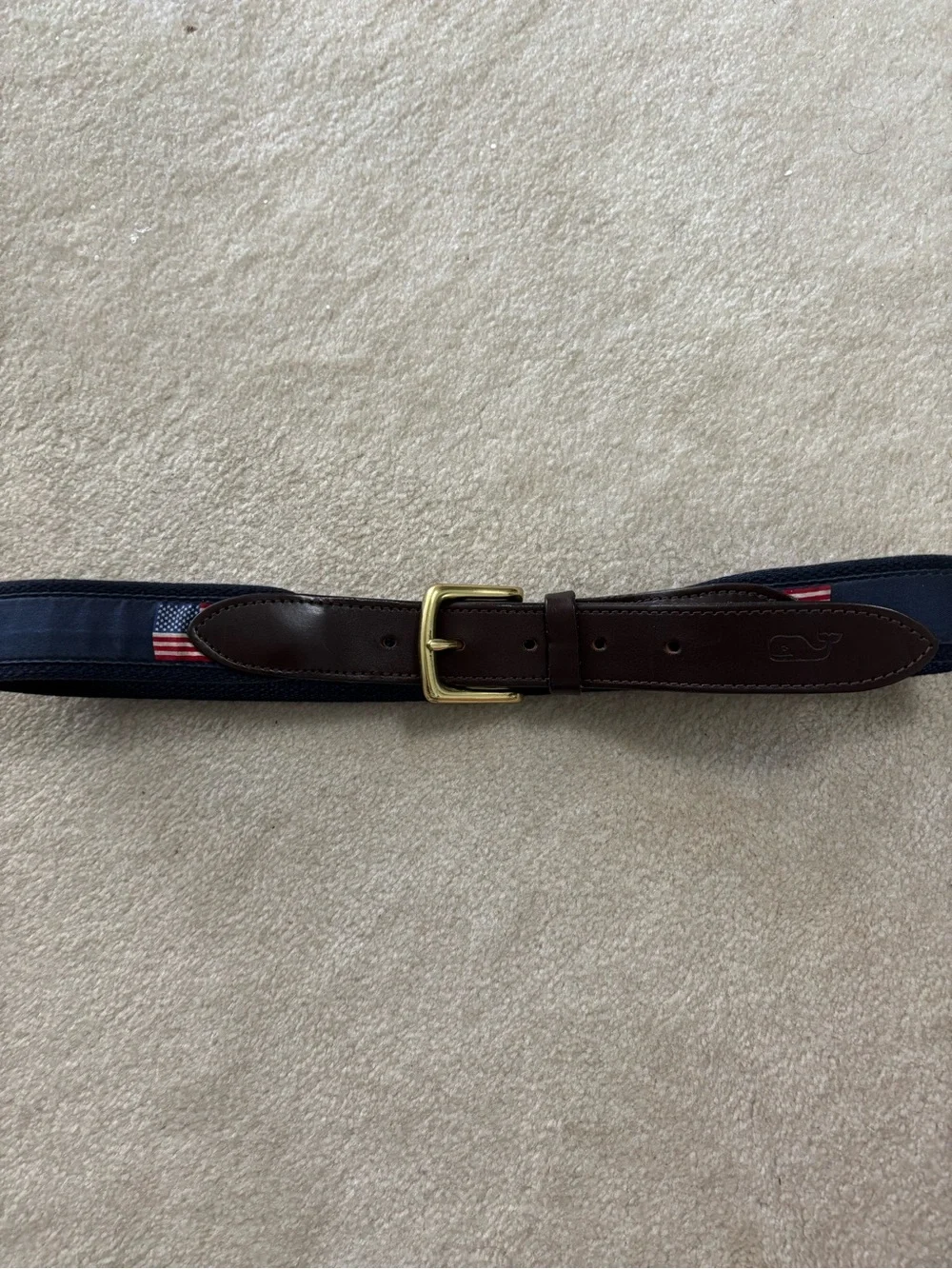 Vineyard Vines Navy Ribbon Belt with Brown Leather & Brass Buckle size 30